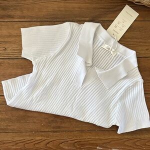 80’s Theme White Ribbed Cropped Polo Collar Top